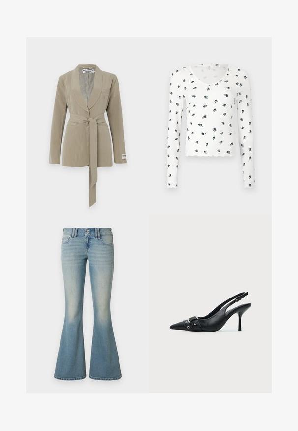 Beige pinstripe blazer med sjalkrave, en enkelt lomme og et bundet bælte i taljen. Blødt stof med en glat tekstur.; Langærmet hvid bluse med ribbet tekstur, med en bølget kant og et blomsterprint i marineblå og grøn.; Lyseblå denim flare jeans med høj talje, let falmet effekt, to forlommer og to baglommer med knaplukning.; Sort læder højhælet sko med spidst tåparti, slingback og rem med spænde og nitter foran.