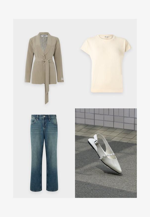 Blazer beige con rayas, con cuello chal, un bolsillo y un cinturón atado a la cintura. Tejido suave con una textura lisa.; Camiseta de cuello redondo y mangas cortas de color crema, con un ajuste ligeramente holgado y detalles de costura mínimos.; Jeans de mezclilla azul con corte recto, talle medio, cinco bolsillos y sutil desgaste. Cierre con botón e incluye trabillas para cinturón.; Zapato plano blanco con punta puntiaguda y diseño slingback con dos hebillas plateadas, mostrado al aire libre sobre un suelo texturizado y fondo de pared con azulejos.