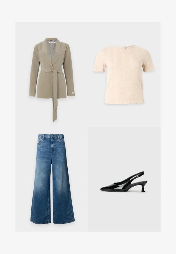 Beige pinstripe blazer med sjalkrave, en enkelt lomme og et bundet bælte i taljen. Blødt stof med en glat tekstur.; Beige kortærmet striktop med rund halsudskæring og subtilt lodret ribmønster på ensartet lysegrå baggrund.; Bredde denim jeans i mellemblå med et klassisk fem-lomme design, knaplukning og let falmning for ekstra tekstur.; Sorte patenterede slingback-sko med spidse tæer og lav blokhæl. Justerbar spænde-rem ved anklen.