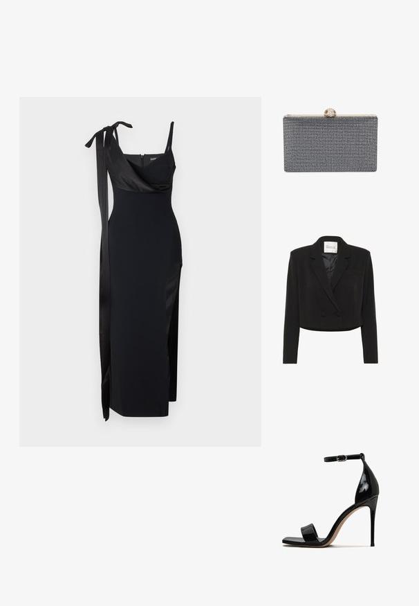 Blazer noir court à double boutonnage avec revers crantés, manches longues, fines rayures subtiles et boutons à l'avant, étiqueté "Mon Garde-Robe Essentiel."; Robe noire avec un design ajusté, des accents en satin et une fente sur le côté. Présente des fines bretelles et un décolleté drapé flatteur avec un détail à nouer.; Sandal en cuir verni noir à talon haut avec un bout ouvert, une bride à la cheville et une finition lisse et brillante. Présente un talon aiguille mince.; Pochette rectangulaire noire recouverte de petits strass, avec un fermoir doré orné de détails décoratifs sur le dessus.