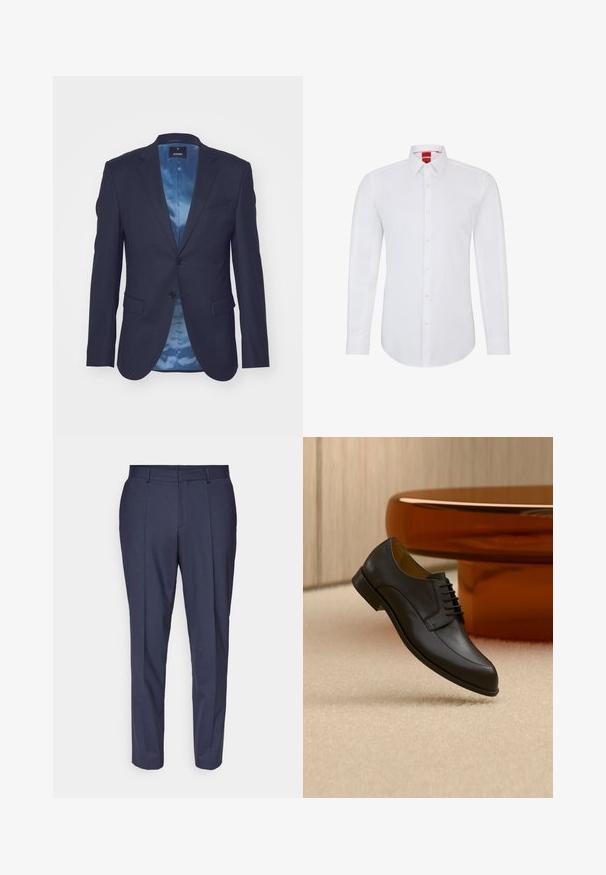 Mørkeblå blazer med tekstureret stof, enkel knaplukning, to forlommer og en kontrasterende lyseblå satinforing.; Hvid langærmet skjorte med krave, der har en knappet front og blødt, glat stof. Ingen mønstre eller detaljer synlige.; Mørkeblå dressbukser med lige snit, lavet af tekstureret stof, med forknydninger fortil, bæltestropper og sidelommer.; Sort læder snøresko, der svæver over beige tæppe med et rundt orange bord i baggrunden.