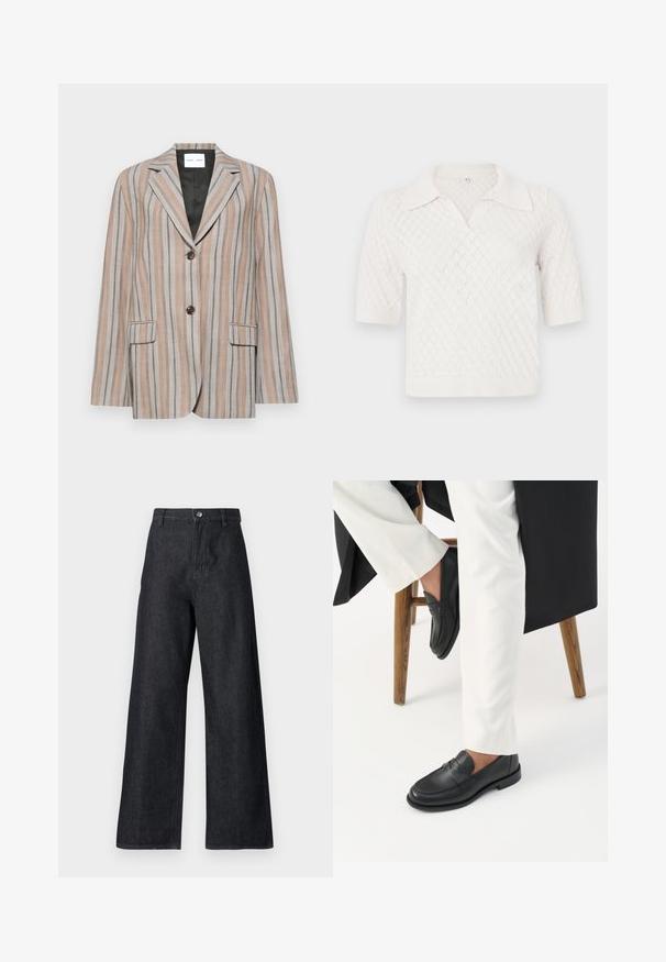 Stribet blazer i beige og blå nuancer, med en spidse revers, to forlommer og to-knaps lukning. Struktureret stof med en glat foring.; Kortærmet, hvid strikket polo-shirt med diamantmønster, der har en klassisk krave samt ribbet manchetter og kant.; Bredde jeans i mørkeblå. Har høj talje, lynlås i front med en knap, og en glat tekstur med minimale syninger.; Person iført sorte læder loafers og hvide bukser, siddende på en træskammel mod en hvid baggrund.
