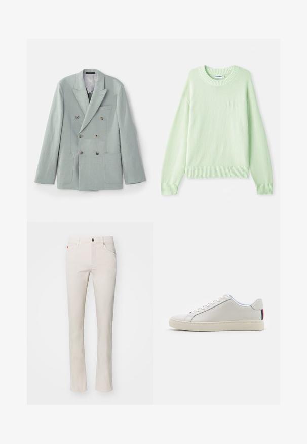 Veste croisée en tissu vert menthe clair avec des revers notched, deux poches avant et des boutons marron. Texture lisse.; Pull en maille vert clair avec un col rond, des poignets et un ourlet côtelés. Il présente un discret logo sur la poitrine gauche.; Jean droit beige en mélange de coton. Présente un design traditionnel à cinq poches et une fermeture à bouton métallique à la taille.; Baskets en cuir blanc avec une texture lisse, bout rond, semelle plate et lacets ton sur ton. Présente un accent rayé coloré sur le talon.