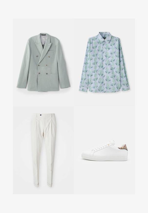 Veste croisée en tissu vert menthe clair avec des revers notched, deux poches avant et des boutons marron. Texture lisse.; Chemise à boutons en tissu bleu clair avec des motifs de diamants verts et de signes de dollar, rayures verticales et un design de col classique.; Pantalons ajustés pour homme en blanc cassé avec passants de ceinture, fermeture à bouton, plis sur le devant et ourlets retroussés, présentés à plat sur un fond blanc.; Baskets en cuir blanc avec une finition lisse, présentant un accent rayé coloré au niveau du talon, des œillets dorés et une semelle blanche plate.