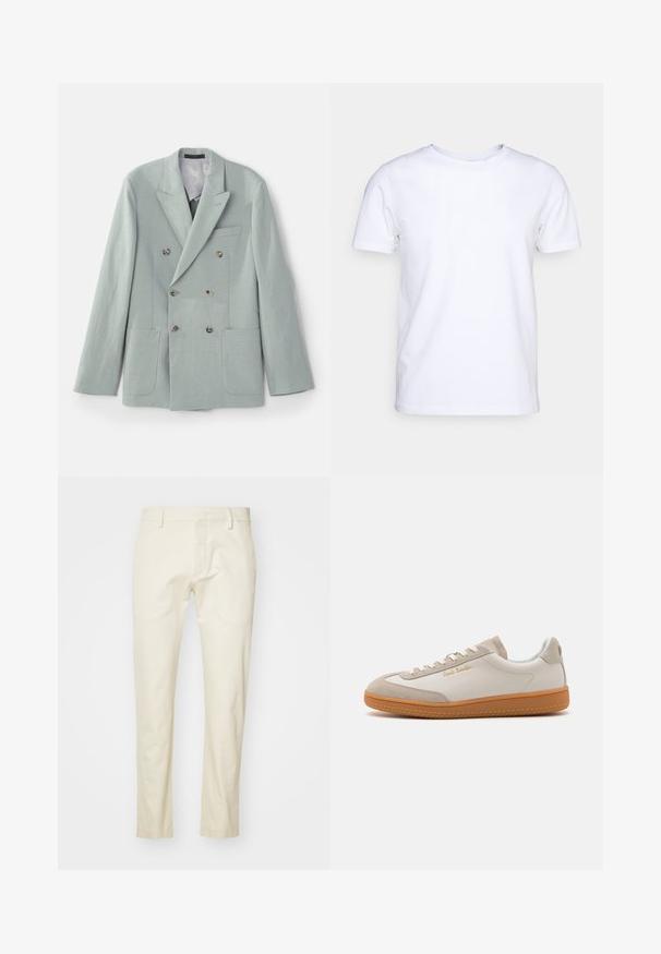 Veste croisée en tissu vert menthe clair avec des revers notched, deux poches avant et des boutons marron. Texture lisse.; T-shirt blanc à manches courtes en tissu de coton avec un col rond. Design simple sans motifs ni accents. Texture lisse.; Pantalons en coton beige avec une coupe droite, fermeture éclair à l'avant et poches plates. Tissu texturé avec une finition lisse.; Baskets basses blanches et beiges avec semelle en caoutchouc, lacets blancs, détails en daim et logo doré "Paul Smith" sur le côté.