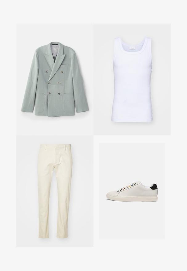 Veste croisée en tissu vert menthe clair avec des revers notched, deux poches avant et des boutons marron. Texture lisse.; Débardeur sans manches en coton blanc avec un col rond, présentant une texture lisse et une coupe ajustée, conçu pour un usage décontracté.; Pantalons en coton beige avec une coupe droite, fermeture éclair à l'avant et poches plates. Tissu texturé avec une finition lisse.; Sneaker en cuir blanc avec un bout légèrement arrondi, semelle plate, œillets multicolores, languette noire au talon et logo en relief sur le côté.