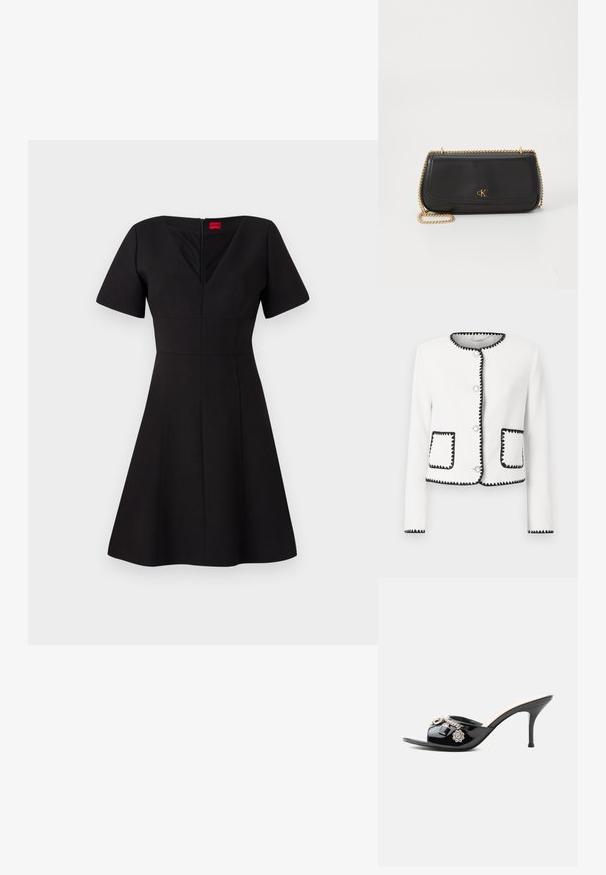 Veste blanche texturée avec des bordures noires en forme de vagues, boutons ronds en argent et deux poches avant avec des accents assortis.; Robe noire avec un corsage ajusté et une jupe évasée. Comprend des manches courtes, un décolleté en V, une fermeture éclair au dos et des coutures créant une silhouette structurée.; Mule à talon haut en cuir verni noir avec bout ouvert et breloques argentées décoratives comprenant une fleur et un cadenas sur la bride avant.; Pochette en cuir noir avec une texture lisse, de forme rectangulaire, dotée d'une bandoulière en chaîne dorée et d'un logo embossé sur le devant.