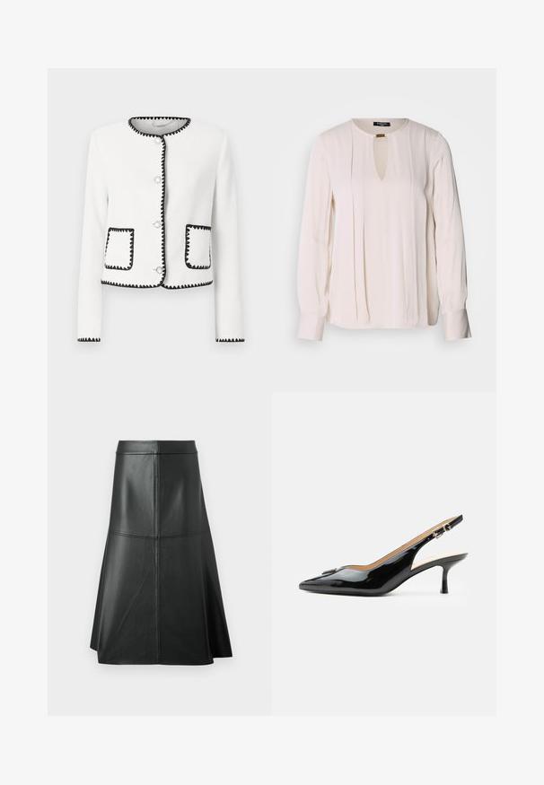 Veste blanche texturée avec des bordures noires en forme de vagues, boutons ronds en argent et deux poches avant avec des accents assortis.; Blouse à manches longues couleur crème avec un décolleté en forme de trou de serrure, des détails plissés sur le devant et des poignets à boutons. Texture de tissu lisse et léger.; Jupe trapèze en cuir noir, texture lisse, longueur mi-mollet, avec des détails de couture horizontale à la taille et aux coutures pour un maintien supplémentaire.; Escarpin slingback en cuir verni noir avec bout pointu, petit talon kitten et bride à boucle argentée sur fond blanc uni.