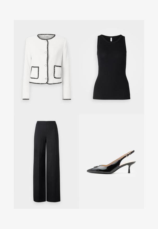 Veste blanche texturée avec des bordures noires en forme de vagues, boutons ronds en argent et deux poches avant avec des accents assortis.; Débardeur noir sans manches en tissu côtelé, avec un col rond et une coupe ajustée, à la texture douce et sans motifs.; Pantalons larges noirs en tissu lisse. Dotés d'une taille haute et de lignes nettes et droites sans poches visibles ni embellissements.; Escarpin slingback en cuir verni noir avec bout pointu, petit talon kitten et bride à boucle argentée sur fond blanc uni.