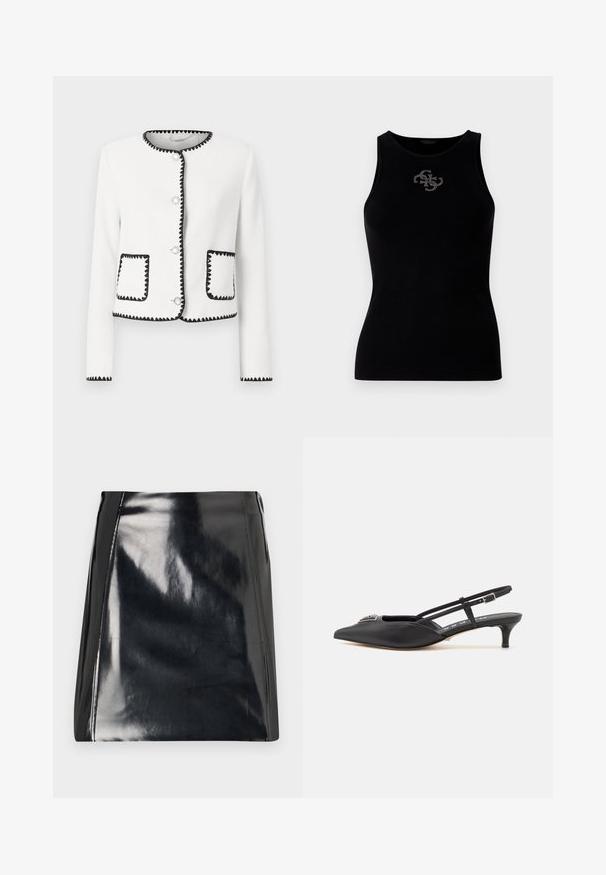 Veste blanche texturée avec des bordures noires en forme de vagues, boutons ronds en argent et deux poches avant avec des accents assortis.; Débardeur noir à côtes avec un col rond et un logo orné de clous en argent à l'avant. Tissu doux et extensible.; Mini-jupe en cuir noir avec une finition brillante. Présente des détails de couture visibles et une silhouette ajustée. Texture lisse sur l'ensemble.; Chaussures noires à talon slingback avec un bout pointu, en matériau lisse, dotées d'un petit talon et d'un accent décoratif en argent sur le dessus.