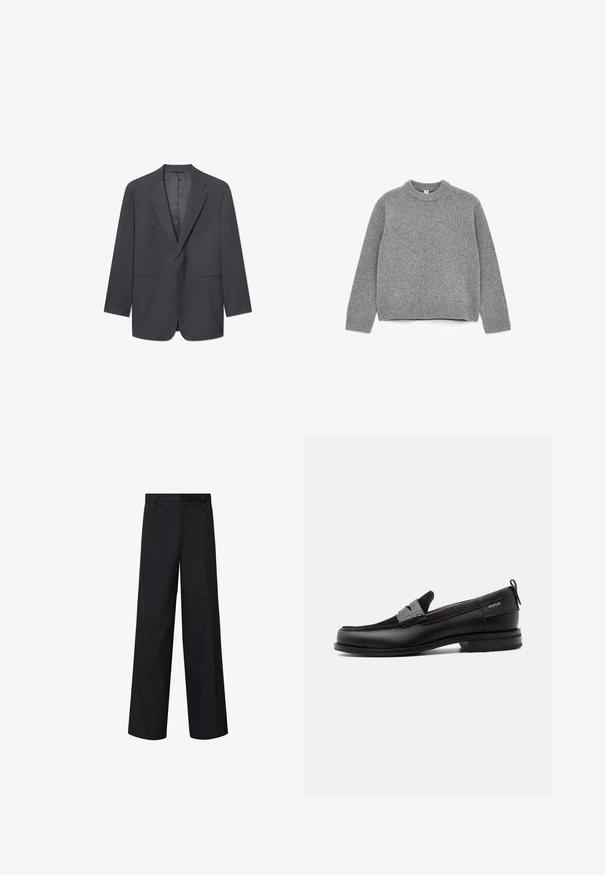 Donkergrijze herenblazer met notch-lapels, enkele knoopsluiting, twee voorzakken en een gladde binnenvoering. Tailored fit.; Grijze gebreide trui met een ronde hals, lange mouwen, ribgebreide manchetten en zoom, en een zachte textuur.; Zwarte wijde broek met een rechte snit, gemaakt van gladde stof. Heeft een vlakke voorkant, riemlussen en zijzakken.; Zwarte leren loafer met grijs riemdetailelement, lage hak en gestructureerde zool, aan de zijkant gebrandmerkt met "HUGO" in goud.