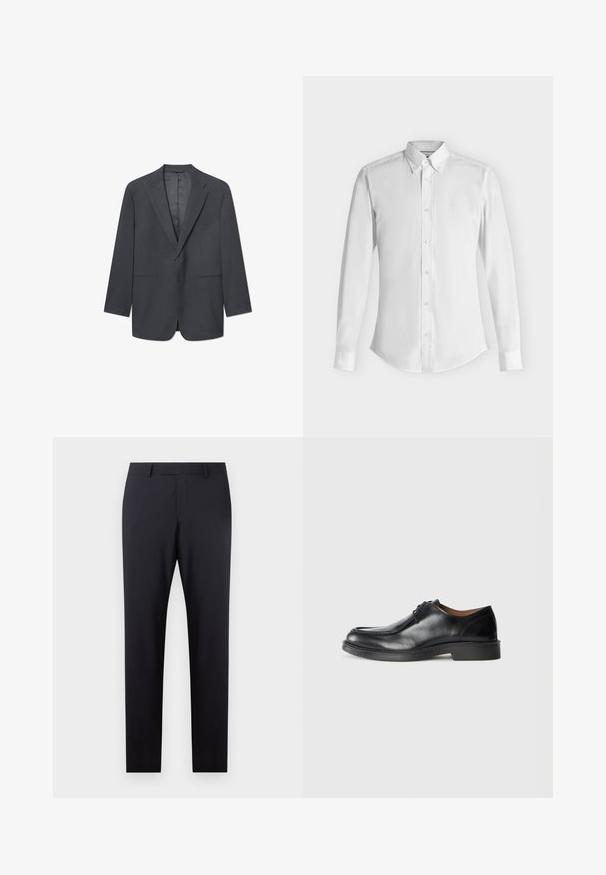 Blazer para hombre en gris oscuro con solapas de muesca, cierre de un botón, dos bolsillos delanteros y forro interior suave. Corte entallado.; Camisa blanca de manga larga con botones, cuello puntiagudo y puños abotonados, presentada plana sobre un fondo claro.; Pantalones oscuros de navy ajustados, con un frente plano, corte slim, bolsillos laterales y una textura suave; sin patrones o adornos visibles.; Zapato de vestir de cuero negro con punta redonda, superficie lisa, detalles de cordones y suela de goma texturizada baja. Líneas limpias y diseño minimalista.