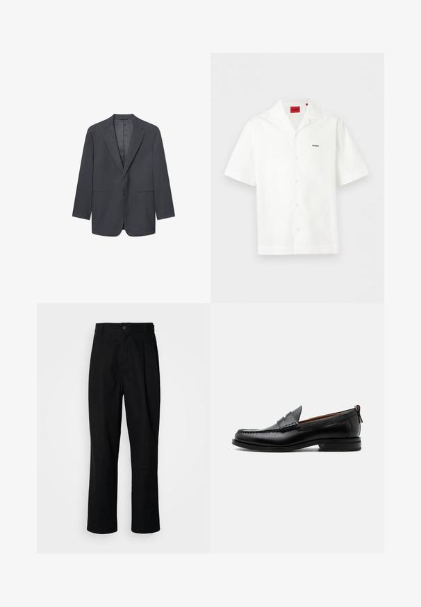 Donkergrijze herenblazer met notch-lapels, enkele knoopsluiting, twee voorzakken en een gladde binnenvoering. Tailored fit.; Witte korte mouw blouse met knopen en open kraag, klein "HUGO"-logo op de borst en een rood merketiket aan de binnenkant van de hals.; Zwarte rechte broek met een knoopsluiting, lusjes voor een riem en een voornaad, gepresenteerd tegen een effen witte achtergrond.; Zwarte leren herensloffen met moc toe stiksel, pennyriem, gestructureerde kraag en lage gestapelde hak op witte achtergrond.