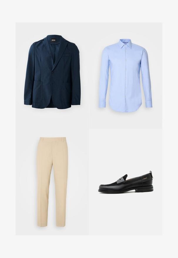 Navyblauer Blazer aus strukturiertem Stoff, mit zwei Fronttaschen, einreihiger Knopfverschluss und Reverskragen. Markenlabel im Kragen sichtbar.; Helleblaue Langarmbluse aus Baumwolle, mit durchgehender Knopfleiste, Kragen und abgerundetem Saum. Glatte Textur ohne Muster.; Beige maßgeschneiderte Hosen mit geradem Bein, aus leichtem Stoff, mit zwei vorderen Taschen und ordentlich gebügelten Falten.; Schwarzer Lederloafer mit grauem Riemendetail, niedrigem Absatz und strukturierter Sohle, seitlich mit „HUGO“ in Gold gebrandmarkt.