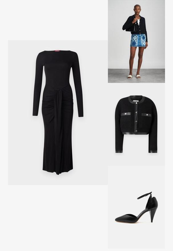 Schwarze, cropped Jacke aus strukturiertem Stoff, mit Lederakzenten und zwei vorderen Taschen. Verfügt über einen Knopfverschluss und einen runden Halsausschnitt.; Schwarzes Langarmkleid mit tailliertem Oberteil, gerafftem Stoff an der Taille und geradem Saum, aus weichem Stretchmaterial.; Schwarzer Leder-Pumps mit spitz zulaufender Vorderkappe, Knöchelriemen und kegelstumpfförmigem Absatz vor weißem Hintergrund.; Schwarze Strickjacke, weißes Oberteil, Jeansrock mit blauem und schwarzem Diamantenmuster, schwarze Handtasche und beige Rutschsandalen.