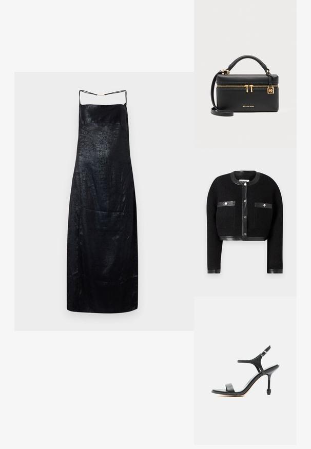 Sort cropped jakke med tekstureret stof, læderdetaljer og to for- lommer. Den har knaplukning og rund halsudskæring.; Sort slipdress lavet af satin med en glat tekstur, der har tynde stropper og en subtil glans. Enkel, lige silhuet med minimal detaljer.; Sort læder sandal med høje hæle, tynde stropper, åben tå og justerbar ankelspænde, vist mod en ensartet hvid baggrund.; Sort Michael Kors rektangulær håndtaske med top håndtag, gyldent lynlås og logo samt aftagelig skulderrem på grå baggrund.