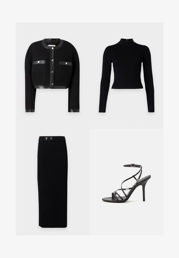 Sort cropped jakke med tekstureret stof, læderdetaljer og to for- lommer. Den har knaplukning og rund halsudskæring.; Sort ribbet turtleneck sweater med lange ærmer og en tætsiddende silhuet, der har en glat overflade og en lynlåsdetalje på ryggen.; AERON FORUM - Pencil skirt - black; Sort højhælet sandal med tynde stropper, en ankelspænde, en glat læderoverflade og en slank stilethæl.