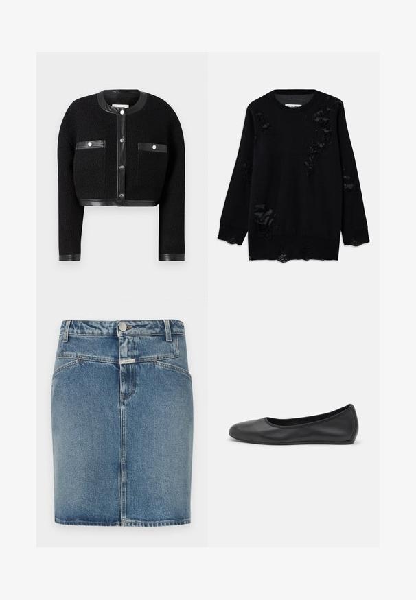 Sort cropped jakke med tekstureret stof, læderdetaljer og to for- lommer. Den har knaplukning og rund halsudskæring.; Sort sweater lavet af blødt stof med flere slidte områder, rundet halsudskæring og lange ærmer. Struktureret finish nær kanterne.; Denim nederdel i lyseblå vask, med tætsiddende pasform, fem-lomme design, knaplukning foran og synlige syningsdetaljer.; Sort læderballetsko med rund tå, glat tekstur, minimal syning og et fleksibelt såldesign.