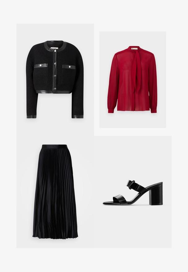 Sort cropped jakke med tekstureret stof, læderdetaljer og to for- lommer. Den har knaplukning og rund halsudskæring.; Rød langærmet gennemsigtig bluse med sløjfe ved nakken og knapmanchetter, vist på en ensartet lys baggrund.; Sort plisseret nederdel lavet af glat stof med en bred talje, der har lodrette plisseringer for tekstur og bevægelse, der når til midt på læggen.; Sort laklæder damesandal med åben tå, blokhæl og justerbar ankelremsspænde på ensfarvet lys baggrund.