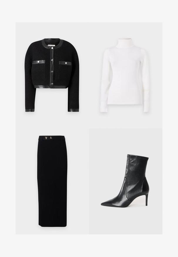 Veste noire courte en tissu texturé, avec des accents en cuir et deux poches avant. Elle possède une fermeture à boutons et un col rond.; Pull en col roulé blanc, taille ajustée, manches longues, texture douce, tissu lisse, detailing minimal, poignets et col côtelés.; AERON FORUM - Jupe crayon - black; Bottes noires à la cheville en cuir lisse, dotées d'un bout pointu, d'un tige ajustée et d'un talon haut fin. Design minimaliste sans quincaillerie visible.