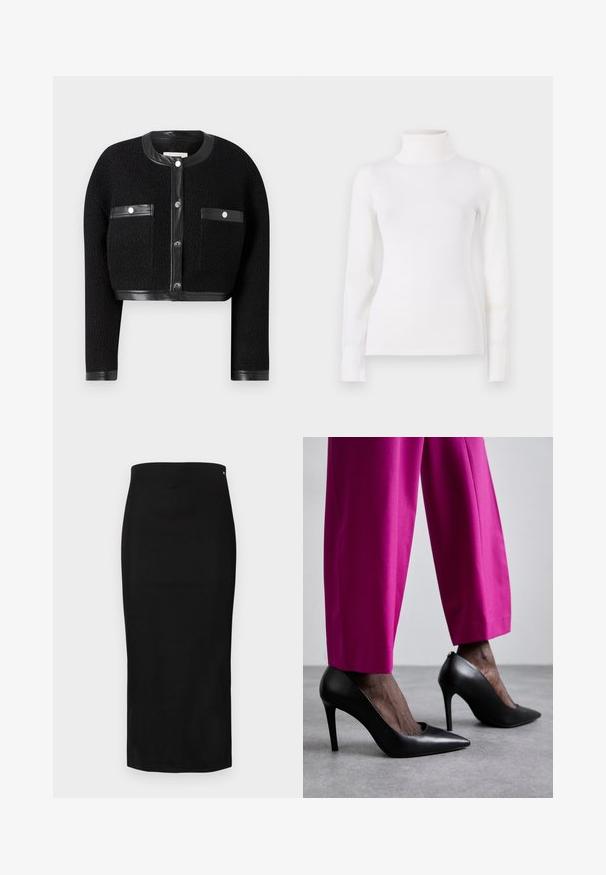 Sort cropped jakke med tekstureret stof, læderdetaljer og to for- lommer. Den har knaplukning og rund halsudskæring.; Hvid turtleneck sweater, tætsiddende design, lange ærmer, blød tekstur, glat stof, minimal detaljer, ribbede manchetter og krave.; Sort pencilnederdel lavet af glat stof, med en tætsiddende silhuet, knælængde og et lille brandlogo nær taljen.; Sorte højhælede sko med spids tå-design og glat læderstruktur. Kombineret med lyserøde, skræddersyede bukser.