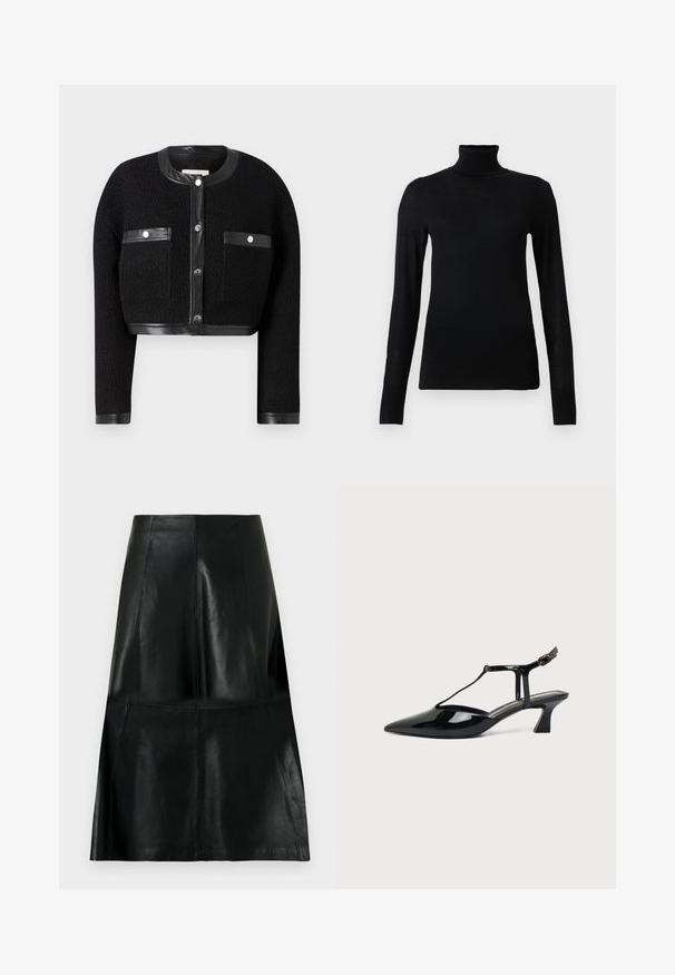Veste noire courte en tissu texturé, avec des accents en cuir et deux poches avant. Elle possède une fermeture à boutons et un col rond.; Pull à col roulé noir en matériau doux et léger. Il a des manches longues et une coupe ajustée avec un col haut.; Jupe en cuir noire longueur genou avec des coutures de panneaux verticales et horizontales, légèrement évasée au bas.; Chaussure slingback en cuir verni noir à bout pointu avec bride en T et petit talon bloc incliné sur fond blanc.