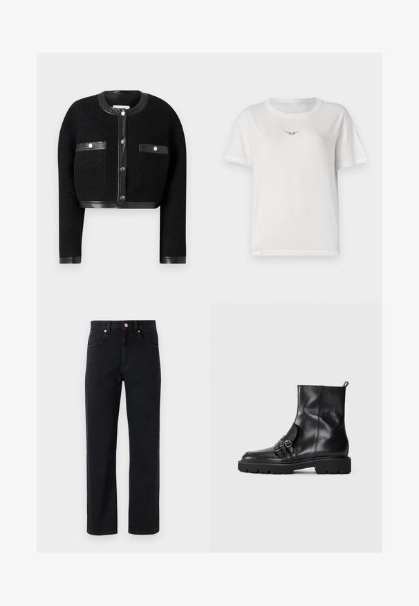 Sort cropped jakke med tekstureret stof, læderdetaljer og to for- lommer. Den har knaplukning og rund halsudskæring.; Hvid bomulds t-shirt med korte ærmer, der har et lille sort vinge-design på brystet og en klassisk rund halsudskæring.; Sorte denim jeans med lige ben, fem-lomme design, kobberknap detaljer og minimal syning synlig.; Sorte læder ankelstøvler med en glat finish, der har tre spænde-udsmykninger på siden og en robust struktureret sål.