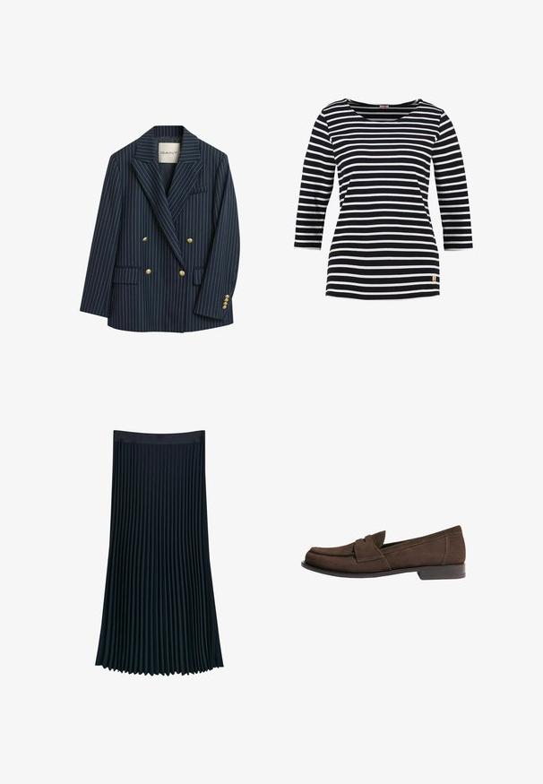 Marineblå stribet dobbeltbrystet blazer med guldknapper, klaplapper og to forlommer. Stoffet fremstår glat med en skræddersyet pasform.; Sorte og hvide stribede langærmede skjorte med rund halsudskæring, der har et lille guldankermønster nederst til venstre.; Plisseret nederdel i mørk marineblå stof, med en glat talje og lodrette plisseringer for tekstur og bevægelse, samt en svømmede silhuet.; Brune ruskinds loafers med en bred front og dekorativ rem. Designet har en afrundet tå og en lav, tekstureret hæl.