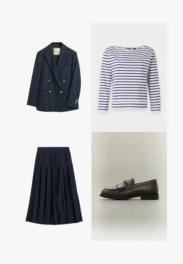 Marineblå stribet dobbeltbrystet blazer med guldknapper, klaplapper og to forlommer. Stoffet fremstår glat med en skræddersyet pasform.; Stribet langærmet top i hvid og marineblå, med en bådudskæring og en afslappet pasform. Lavet af blødt bomuldsstof med syede kanter.; Marineblå plisseret midi-nederdel med en lige linning og jævnt fordelt smalle plisseringer.; Mørkebrun læderloafer med frynser og guldbeslag på sort sål, vist fra siden på en neutral baggrund.