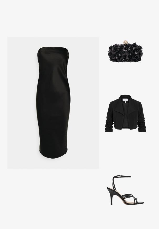 Zwarte cropped jas gemaakt van gladde stof, met een brede kraag, gerimpelde lange mouwen en een open voorkant.; Gina Tricot TUBE MIDI DRESS - Cocktailjurk - black; Zwarte sandalen met hoge hak en bandjes, met een slank ontwerp, voorzien van een dunne enkelband, open teen en een gladde afwerking op een taps toelopende hak.; Zwart handtasje met bloemenstructuur en een decoratieve sluiting met parel en strass-steentjes bovenop.