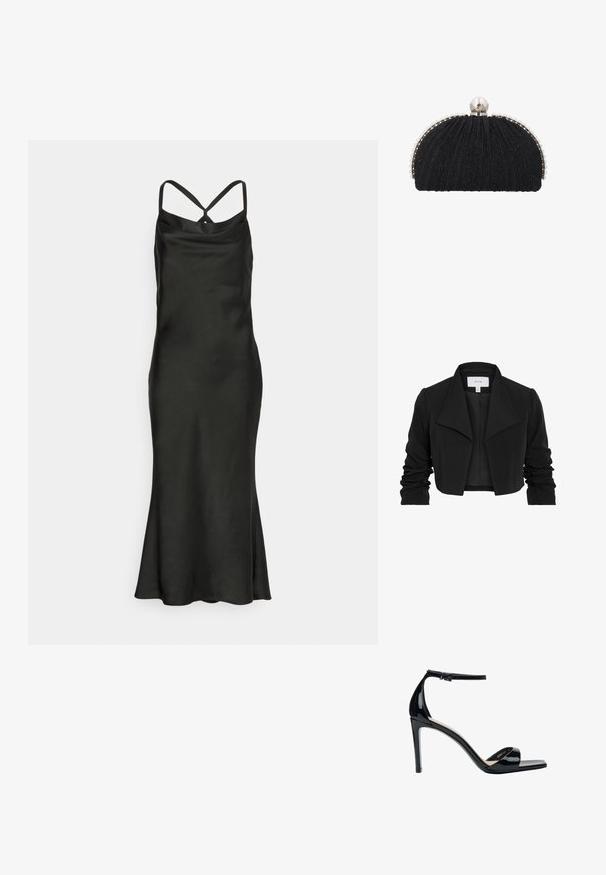 Zwarte cropped jas gemaakt van gladde stof, met een brede kraag, gerimpelde lange mouwen en een open voorkant.; Jarlo Petite BIBI - Cocktailjurk - black; Zwarte lakleren sandaal met hoge hak, enkelbandje, open teen en smalle naaldhak, zijaanzicht op witte achtergrond.; Zwarte avondclutch met gestructureerde stof, omlijst door een rij kleine parels en een grote parelsluiting bovenop.