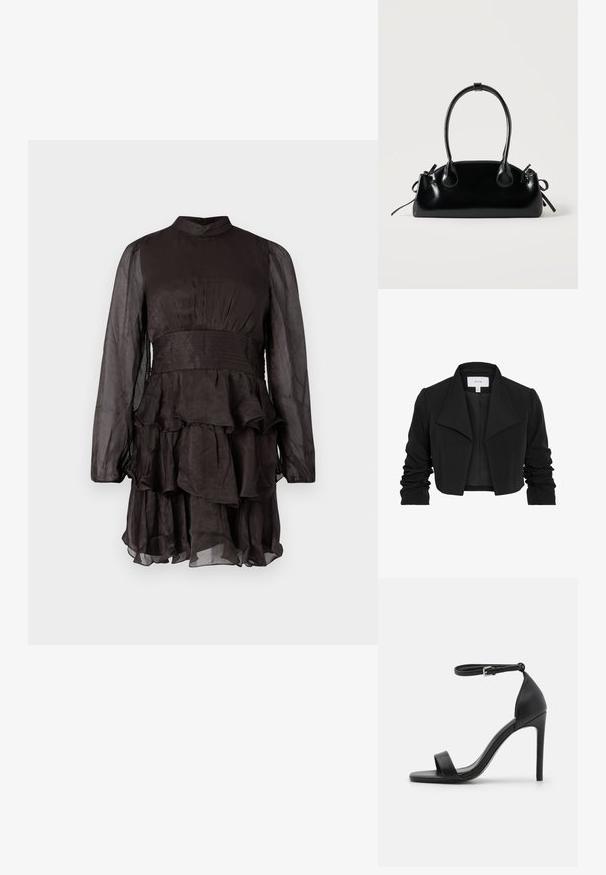 Zwarte cropped jas gemaakt van gladde stof, met een brede kraag, gerimpelde lange mouwen en een open voorkant.; Zwart doorschijnend lange mouwen jurk met hoge halslijn, geplooide taille en gelaagde ruches rok tegen een eenvoudige witte achtergrond.; Zwarte sandalen met hoge hakken, met een slank ontwerp, voorzien van een enkelbandje, open teen en een gladde leren textuur.; Kleine zwarte glanzende handtas met twee lange hengsels en zijkant trekkoord details op een effen lichte achtergrond.