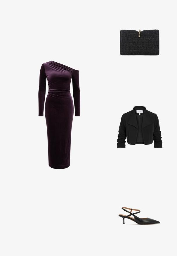 Veste noire cintrée en tissu lisse, avec un large col, des manches longues froncées et un design ouvert à l'avant.; Robe ajustée à manches longues en velours violet profond. Présente un design à une épaule avec un détail froncé à la taille et une jupe droite.; Escarpins slingbacks en cuir noir avec bout pointu, talon fin et design à lanières croisées avec une boucle réglable.; Pochette noire rectangulaire recouverte de petites perles noires avec un fermoir en or orné de quatre pierres noires.