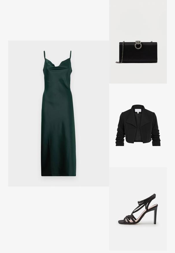 Veste noire cintrée en tissu lisse, avec un large col, des manches longues froncées et un design ouvert à l'avant.; Robe en satin vert foncé avec des bretelles spaghetti, encolure en cowl et une silhouette élégante, longue jusqu'au sol. Texture lisse et design minimaliste.; Bronx ALADIN - Sandales - black; Pochette en satin noir avec une fermeture circulaire en métal argenté ornée de strass, dotée d'une chaîne amovible.