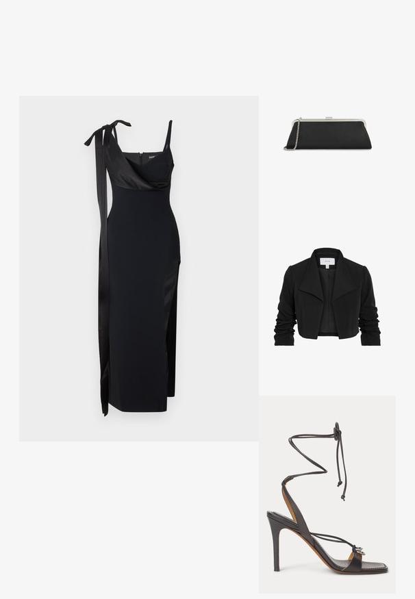 Veste noire cintrée en tissu lisse, avec un large col, des manches longues froncées et un design ouvert à l'avant.; Robe noire avec un design ajusté, des accents en satin et une fente sur le côté. Présente des fines bretelles et un décolleté drapé flatteur avec un détail à nouer.; Sandale noire à talon haut avec fines lanières enveloppant la cheville, bout ouvert et anneaux décoratifs argentés sur la bride avant, sur fond blanc.; Longue pochette noire avec cadre métallique argenté et bandoulière chaîne posée sur un fond blanc.