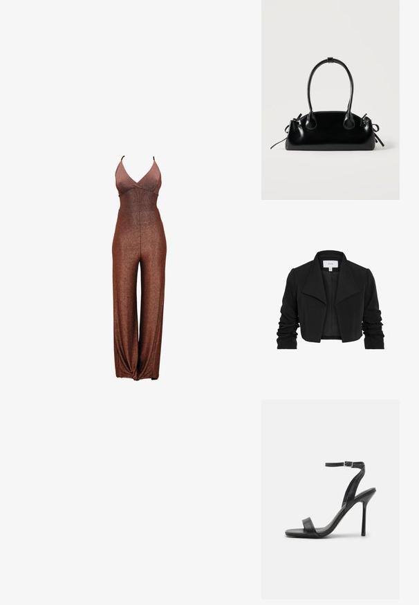 Zwarte cropped jas gemaakt van gladde stof, met een brede kraag, gerimpelde lange mouwen en een open voorkant.; Bronzen glinsterende jumpsuit met een diepe V-hals, dunne bandjes en wijd uitlopende pijpen. Soepele textuur met een nauwsluitend lijfje en een elastische taille.; Zwarte hoge hakken sandaal met een slanke enkelband en twee voorste banden. Gemaakt van soepel leer met een slanke puntneus en een stiletteloze hak.; Kleine zwarte glanzende handtas met twee lange hengsels en zijkant trekkoord details op een effen lichte achtergrond.