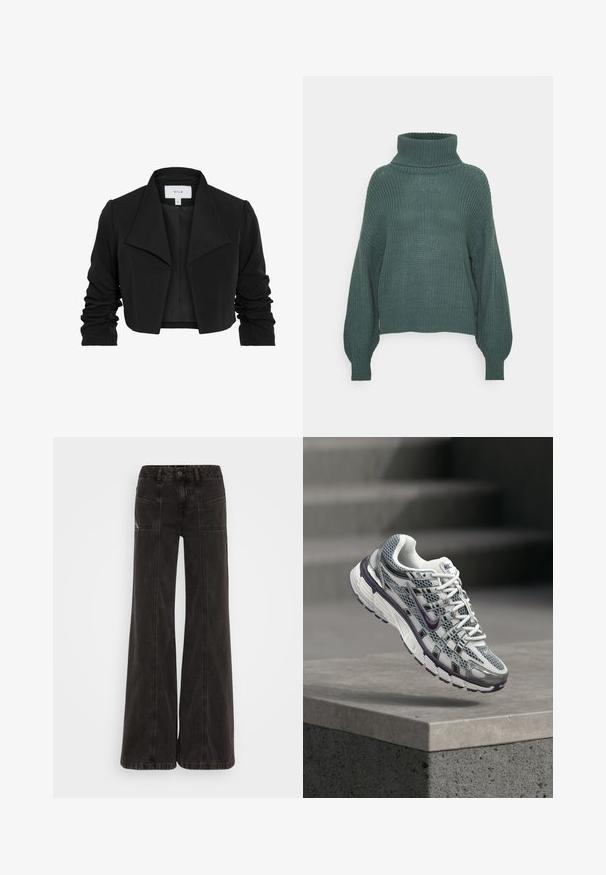 Zwarte cropped jas gemaakt van gladde stof, met een brede kraag, gerimpelde lange mouwen en een open voorkant.; Gebreide coltrui, diep teal kleur, ontspannen pasvorm, ballonsleeves, ribgebreide manchetten en zoom, textiel met structuur.; Zwarte wijde jeans gemaakt van denim, met een hoge taille, voorzakken en ton sur ton stiksels langs de naden.; Witte en grijze Nike-sneaker met paarse accenten, zwevend boven een betonnen richel met trappen wazig op de achtergrond.