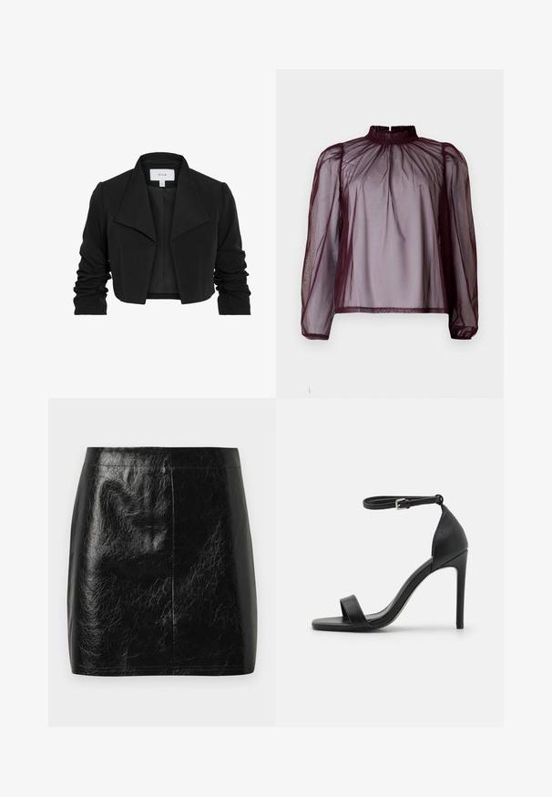 Zwarte cropped jas gemaakt van gladde stof, met een brede kraag, gerimpelde lange mouwen en een open voorkant.; Bordeaux doorschijnende blouse met een hoge hals, lange mouwen en ruches. De stof lijkt lichtgewicht en heeft een soepele textuur.; Zwarte neplederen mini-jurk met een gladde, glanzende textuur, met een rechte snit en minimale stiksels bij de tailleband.; Zwarte sandalen met hoge hakken, met een slank ontwerp, voorzien van een enkelbandje, open teen en een gladde leren textuur.