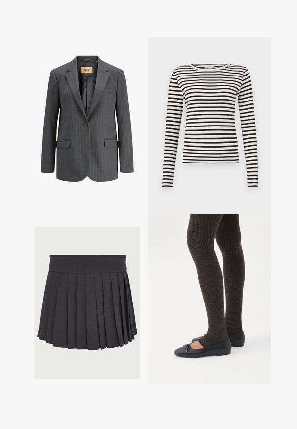 Blazer gris a rayas con solapas de muesca, dos bolsillos frontales y cierre de un solo botón. El material tiene una textura suave y un corte entallado.; Camisa de manga larga a rayas blancas y negras con cuello redondo y textura acanalada ajustada. Ancho de las rayas equilibrado en toda la prenda.; Falda gris con pliegues, con una cinturilla plana y cierre de cremallera, hecha de una tela texturizada, que presenta pliegues profundos de espaciado uniforme.; Piernas con leggings oscuros acanalados combinados con bailarinas negras que presentan pequeños detalles de lazo sobre un fondo blanco.