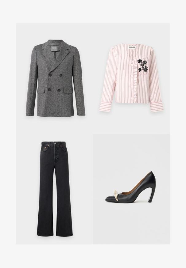 Grijze dubbelzijdige blazer van een gestructureerde stof, met schouderflappen, twee voorzakken en zwarte knopen. Etiket zichtbaar aan de binnenkant van de hals.; Langemouwen roze-wit gestreepte blouse met knopen aan de voorkant, gerimpelde rand en zwarte bloemendecoratie op het linkerborstzakje.; Zwarte wijde jeans met hoge taille, voorzien van een knoop- en ritssluiting aan de voorkant, twee voorzakken en naaddetails, weergegeven op een effen achtergrond.; Zwarte leren hoge hak met een spits toelopende neus en een gouden accentdetail aan de voorkant. Heeft een taps toelopende hiel en een gladde textuur.
