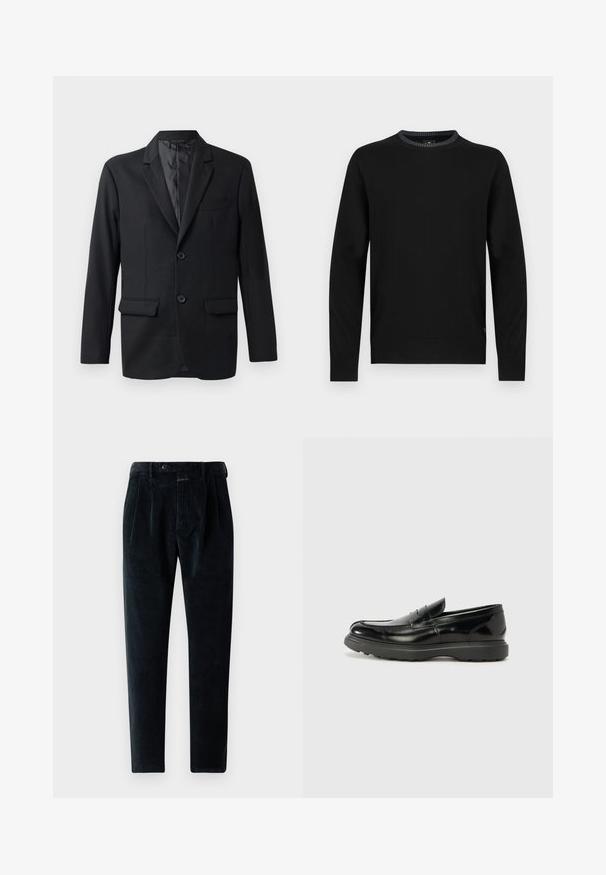 Blazer noir en tissu lisse, avec un revers en notch, deux poches avant et deux boutons. Coupe ajustée avec un design minimaliste.; Pull noir à manches longues, col rond avec bord-côtes texturé au col et aux poignets. Fabriqué dans un tissu lisse avec un design simple.; Pantalons en velours côtelé noir avec une coupe fuselée, comportant des plis avant, une fermeture à bouton et deux poches latérales. Tissu doux et texturé.; Mocassin en cuir noir avec une finition brillante, bout arrondi, détails de couture subtils et semelle en caoutchouc épaisse pour la durabilité.