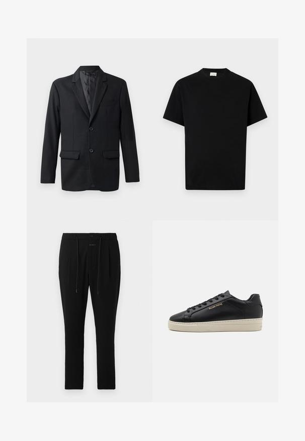 Blazer noir en tissu lisse, avec un revers en notch, deux poches avant et deux boutons. Coupe ajustée avec un design minimaliste.; T-shirt en coton noir avec un col rond, des manches courtes et une coupe droite. Pas de motifs visibles ni de détails matériels.; CLOSED VIGO TAPERED - Chino - dark night; Sneaker en cuir noir avec une finition lisse, semelle crème contrastante, bout arrondi, logo doré sur le côté et six œillets pour les lacets.