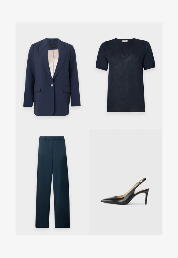 Veste blazer bleu marine à un bouton, avec revers crantés, poches à rabat et doublure intérieure en satin beige, présentée sur un fond uni.; Haut en maille bleu marine à manches courtes avec col en V et tissu légèrement transparent, présenté sur un fond clair uni.; Pantalons larges bleu marine avec une texture lisse, un devant plat et des passes ceinture. Présente un design minimaliste sans motifs ni accents visibles.; Escarpins en cuir noir avec une pointe fine, une bride ajustable et un talon aiguille élégant, présentant une finition lisse.