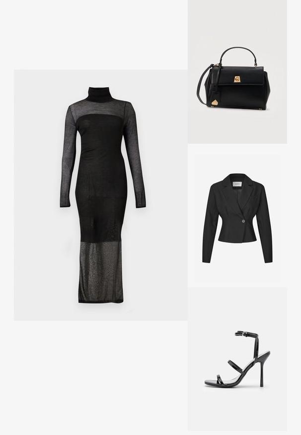 Veste noire sur mesure avec un bouton unique, des revers aiguisés et de longues manches. Présente une coupe structurée et une poche poitrine.; Robe noire à manches longues en tissu transparent, col roulé, avec une doublure opaque jusqu'à mi-cuisse et un tissu semi-transparent s'étendant jusqu'à la cheville.; Sandales à talons hauts en cuir verni noir avec trois sangles horizontales et une sangle de cheville ajustable. Silhouette élégante et finition brillante.; Sac à main en cuir noir avec une poignée supérieure, fermeture à rabat avec fermoir doré, et bandoulière amovible sur fond blanc.