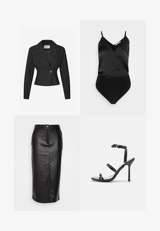 Veste noire sur mesure avec un bouton unique, des revers aiguisés et de longues manches. Présente une coupe structurée et une poche poitrine.; Anna Field by Zalando Débardeur - black; Jupe crayon en cuir noir avec une fente à l'avant, taille haute et fermeture par un unique bouton-pression. Texture lisse et brillante avec un minimalisme dans les détails.; Sandales à talons hauts en cuir verni noir avec trois sangles horizontales et une sangle de cheville ajustable. Silhouette élégante et finition brillante.