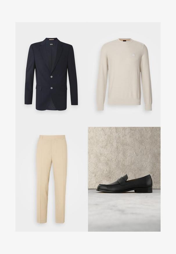Blazer navy con solapa muesca, dos bolsillos frontales, dos botones plateados y tejido texturizado. El interior forrado presenta un patrón sutil.; Suéter beige claro hecho de un tejido texturizado. Presenta un cuello redondo, mangas largas y un pequeño logotipo cuadrado en el pecho.; Pantalones de color beige ajustados con un diseño de pierna recta, elaborados en una tela ligera, que presentan dos bolsillos frontales y pliegues bien planchados.; Zapato mocasín de cuero negro flotando sobre una alfombra beige con una mesa redonda marrón brillante al fondo.