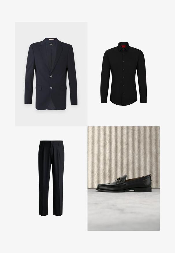 Blazer navy con solapa muesca, dos bolsillos frontales, dos botones plateados y tejido texturizado. El interior forrado presenta un patrón sutil.; Camisa negra de manga larga con botón frontal, cuello clásico y dobladillo redondeado; cuenta con botones negros y un logotipo rojo en el interior del cuello.; Pantalones negros de tela suave, con un diseño de pierna recta, pliegues en la parte delantera y cierre de botón con trabillas para cinturón.; Mocasín de cuero negro con pieza metálica dorada y logotipo "HUGO", exhibido sobre una alfombra beige y muebles translúcidos marrones.