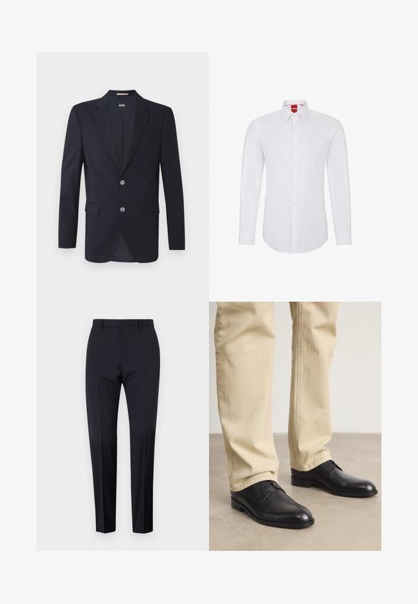 Blazer navy con solapa muesca, dos bolsillos frontales, dos botones plateados y tejido texturizado. El interior forrado presenta un patrón sutil.; Camisa blanca de manga larga con cuello, que presenta un cierre frontal de botones y un tejido suave y liso. Sin patrones ni acentos visibles.; Pantalones de traje en color navy, de tiro plano, corte slim, con trabillas para cinturón y bolsillos laterales. Tejido suave con un acabado nítido, sin patrones ni acentos visibles.; Zapatos de cuero negro con cordones, puntera redondeada, acabado suave y sutiles detalles de costura, combinados con pantalones de color beige claro.