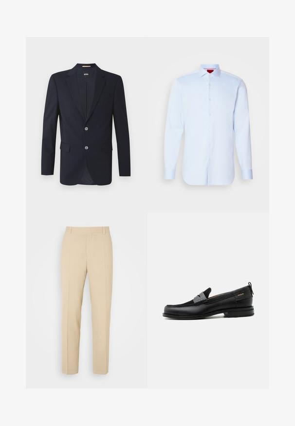Blazer navy con solapa muesca, dos bolsillos frontales, dos botones plateados y tejido texturizado. El interior forrado presenta un patrón sutil.; Camisa de botones de manga larga en azul claro con cuello extendido, dobladillo redondeado y botones blancos. Tejido suave con un brillo sutil.; Pantalones de color beige ajustados con un diseño de pierna recta, elaborados en una tela ligera, que presentan dos bolsillos frontales y pliegues bien planchados.; Mocasín de cuero negro con detalle de tira gris, tacón bajo y suela texturizada, con la marca "HUGO" en oro en el lateral.