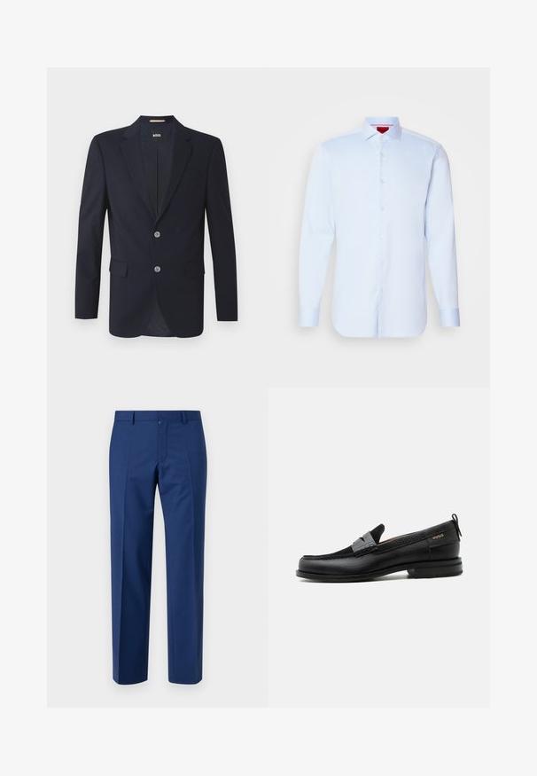 Marineblazer mit Schößchen, zwei vorderen Taschen, zwei silbernen Knöpfen und strukturiertem Stoff. Futter mit subtilm Muster.; Helleblaue Langarmbluse mit Button-Down-Kragen, abgerundetem Saum und weißen Knöpfen. Glattes Material mit einem subtilen Glanz.; Marineblaue Hose mit gerade geschnittenem Bein, flachem Vorderteil, subtiler Textur, Gürtelschlaufen und Reißverschluss.; Schwarzer Lederloafer mit grauem Riemendetail, niedrigem Absatz und strukturierter Sohle, seitlich mit „HUGO“ in Gold gebrandmarkt.